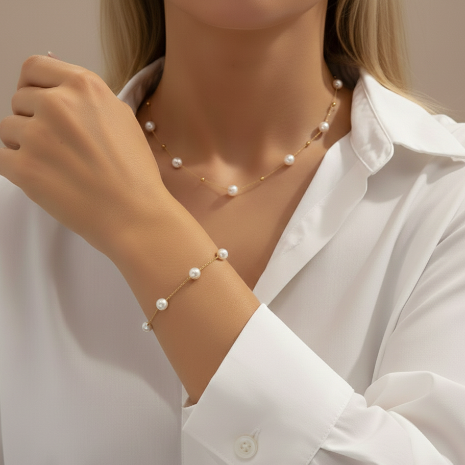 Aurelis Schmuckset Perlenkette & Armband – Elegante Perlen-Optik Goldfarbe für Damen