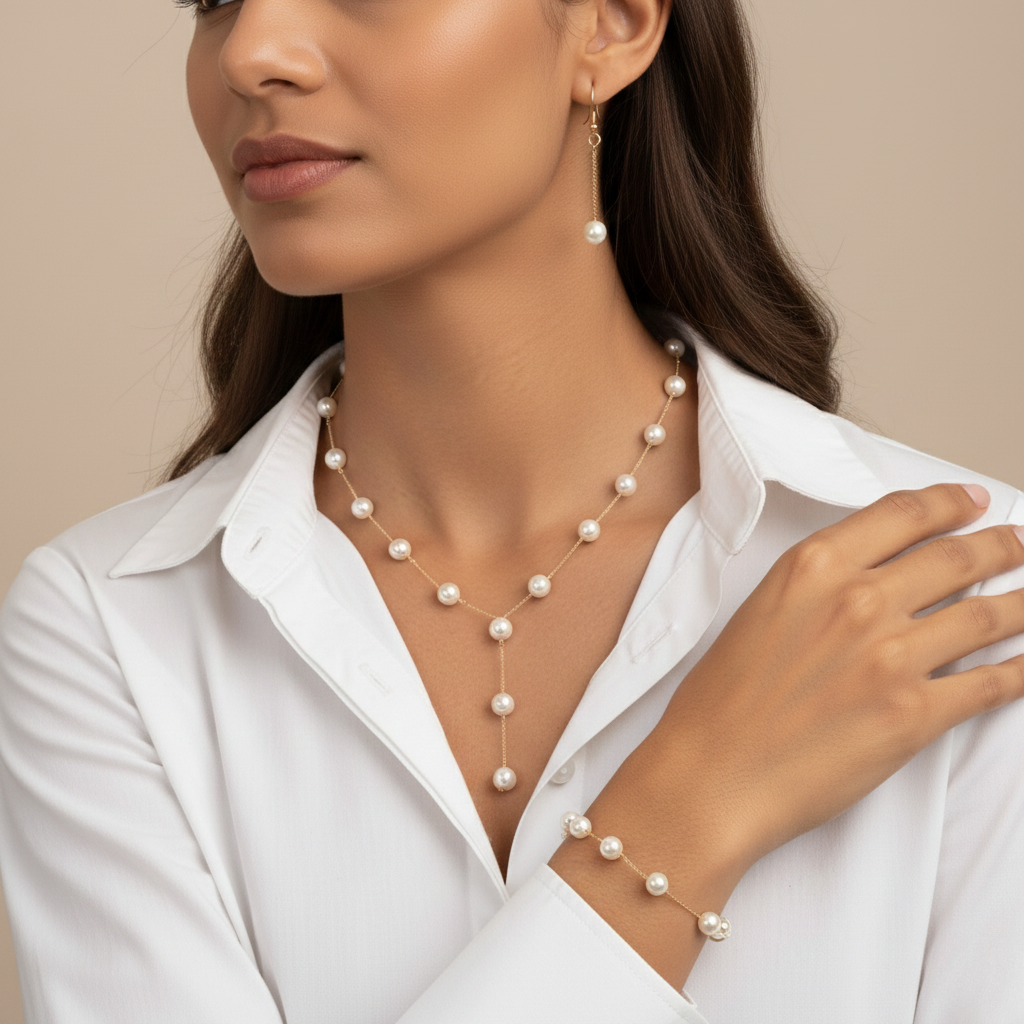 Aurelis 4-tlg. Damen Schmuckset Goldfarbe Perlen Y-Halskette Armband & Ohrringe