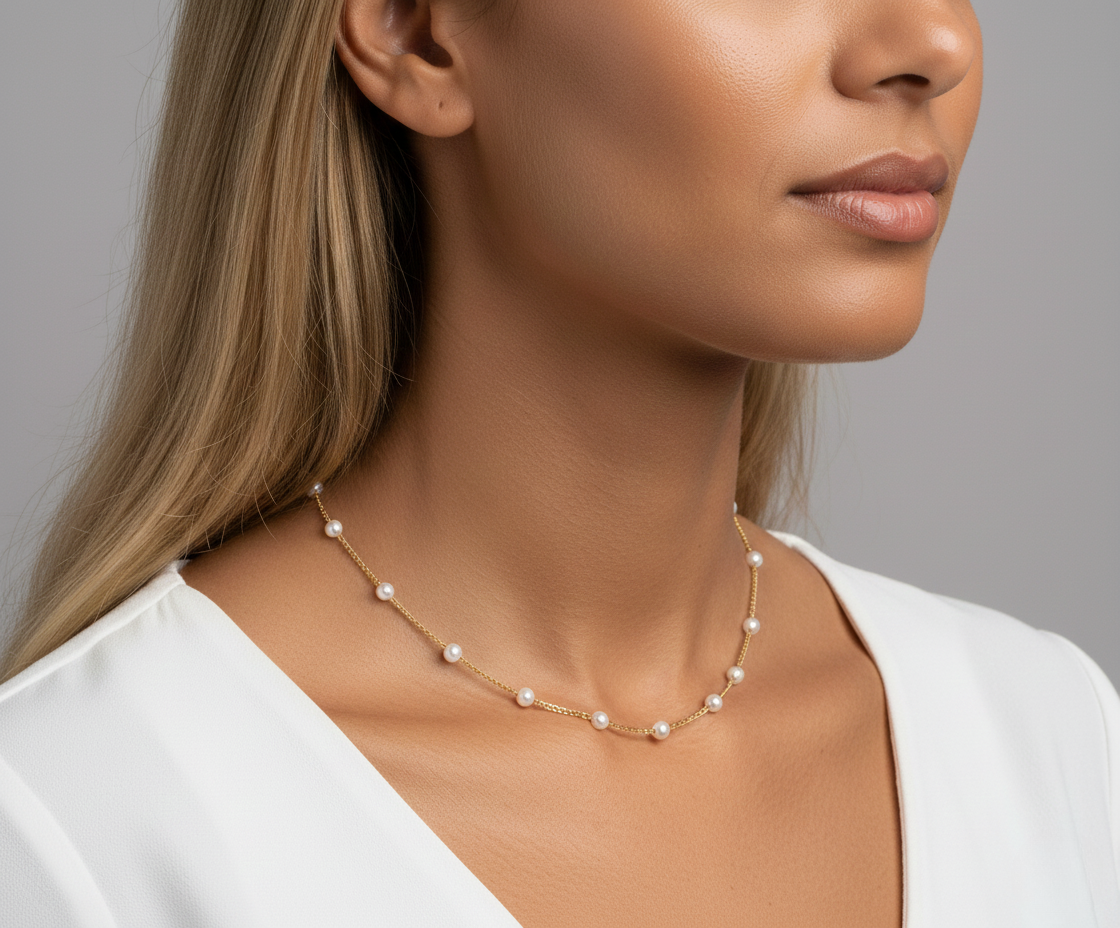 Aurelis Filigrane Perlen-Halskette – Zarter Perlen-Choker in Goldfarbe – Minimalistischer Damenmodeschmuck