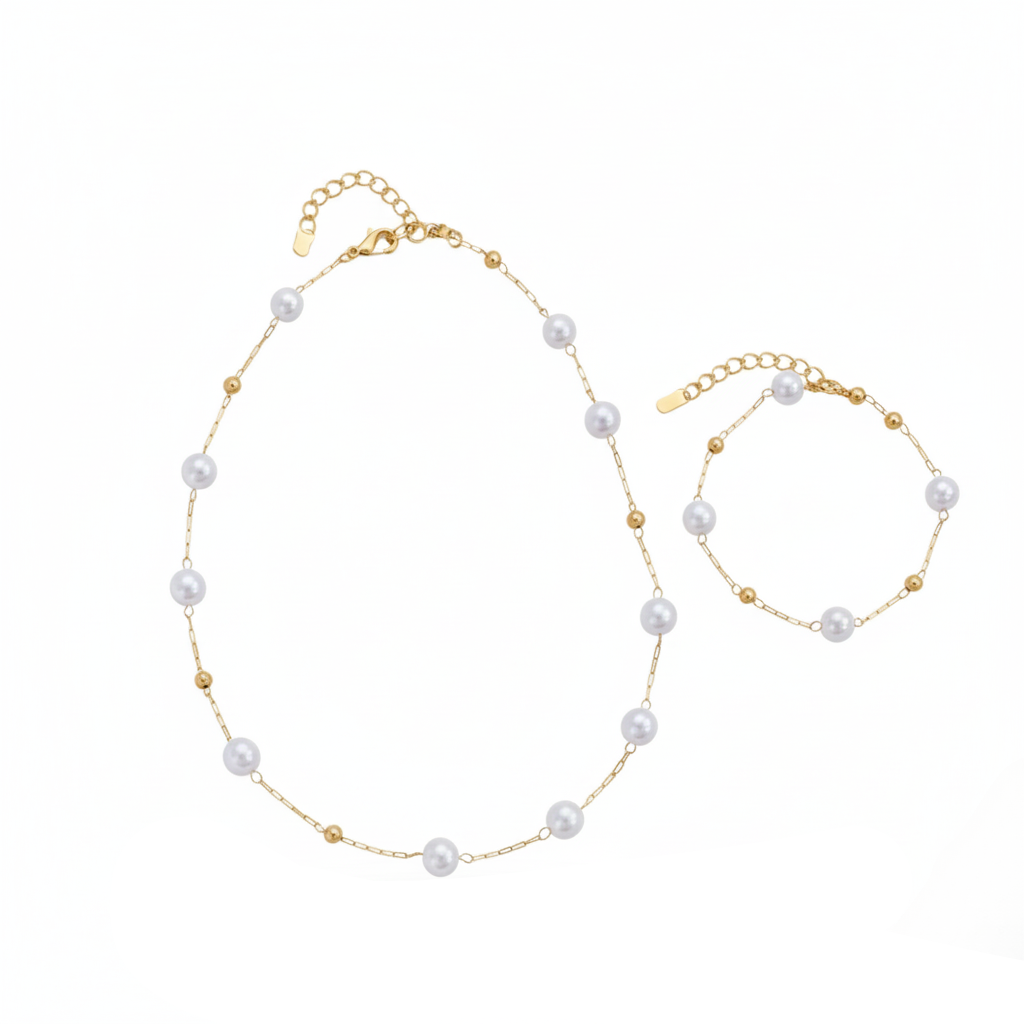 Aurelis Schmuckset Perlenkette & Armband – Elegante Perlen-Optik Goldfarbe für Damen