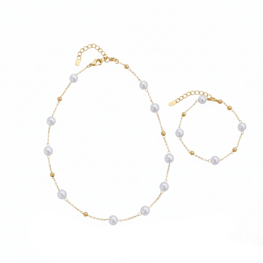 Aurelis Schmuckset Perlenkette & Armband – Elegante Perlen-Optik Goldfarbe für Damen