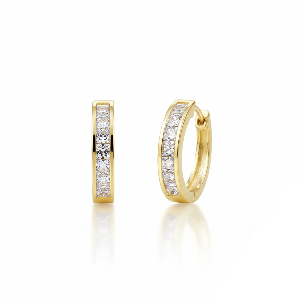 Aurelis Damen Huggie Creolen Goldfarbe Eternity Zirkonia Eckig Kanalbesatz