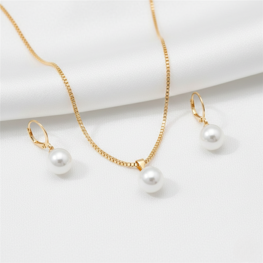 Goldfarbe Schmuckset Halskette & Ohrringe mit Perlen-Optik Klassisch Damen