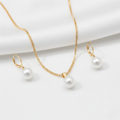 Goldfarbe Schmuckset Halskette & Ohrringe mit Perlen-Optik Klassisch Damen