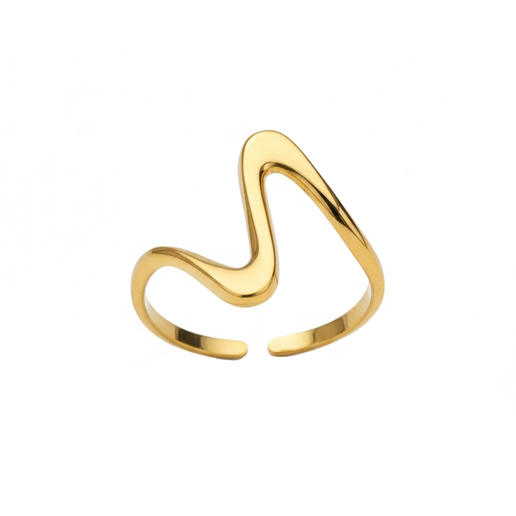 Wellen-Ring Edelstahl Goldfarbe Organisches Wave-Design Verstellbar Offener Ring Damen