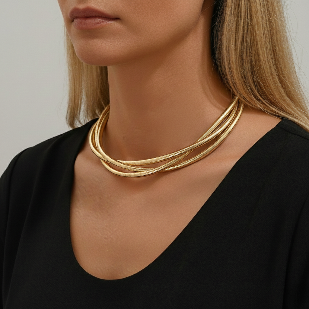 Aurelis Mehrreihige Schlangenkette Choker Halskette Goldfarbe Statement-Schmuck Damen Verstellbar