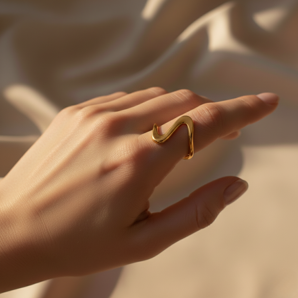 Wellen-Ring Edelstahl Goldfarbe Organisches Wave-Design Verstellbar Offener Ring Damen