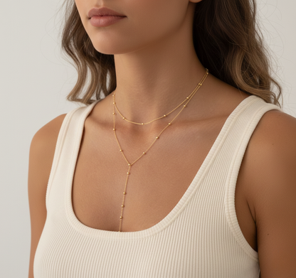 Aurelis Damen Halskette Y-Form zweireihig Goldfarb Boho Layering Kügelchen 35cm