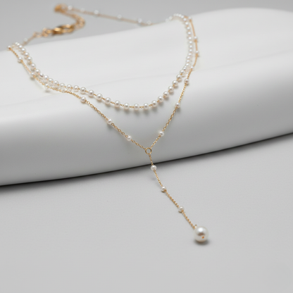 Goldfarbe Zweireihige Y-Halskette mit Perlen-Imitaten im Layering-Look für Damen