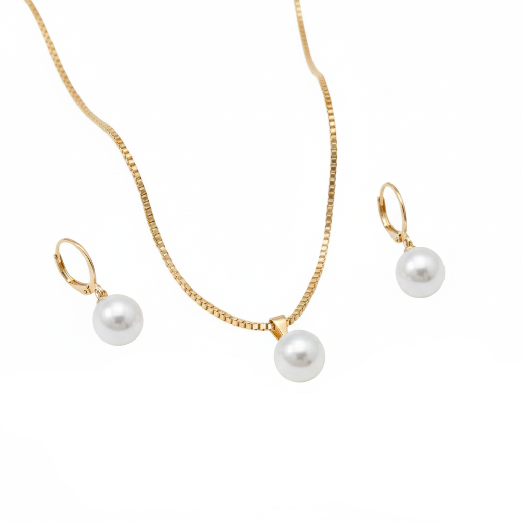 Goldfarbe Schmuckset Halskette & Ohrringe mit Perlen-Optik Klassisch Damen