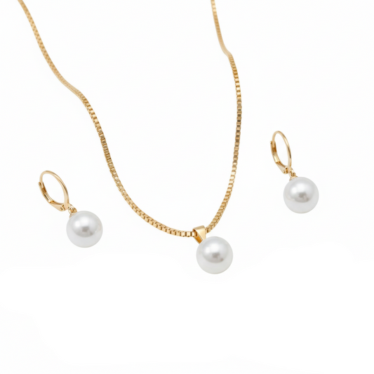 Goldfarbe Schmuckset Halskette & Ohrringe mit Perlen-Optik Klassisch Damen