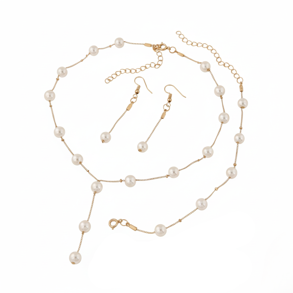 Aurelis 4-tlg. Damen Schmuckset Goldfarbe Perlen Y-Halskette Armband & Ohrringe