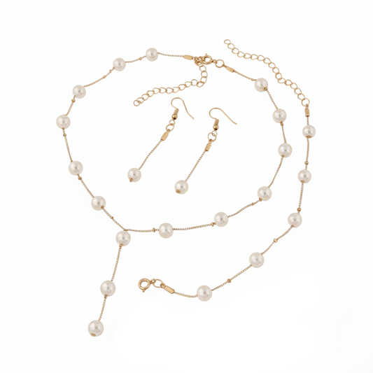 Aurelis 4-tlg. Damen Schmuckset Goldfarbe Perlen Y-Halskette Armband & Ohrringe