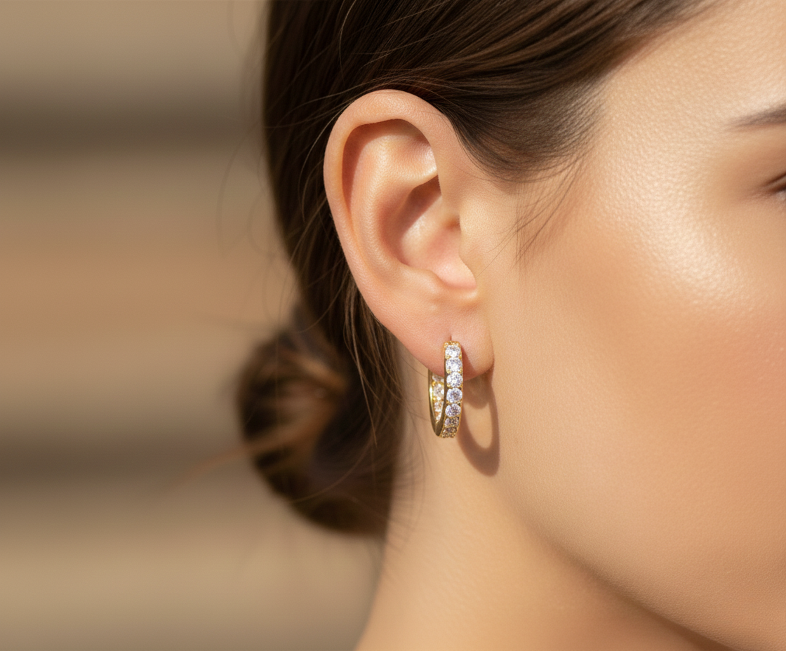 Aurelis Goldfarbe Huggie Creolen mit grünen Zirkonia Steinen Pavé Design Damen Ohrringe