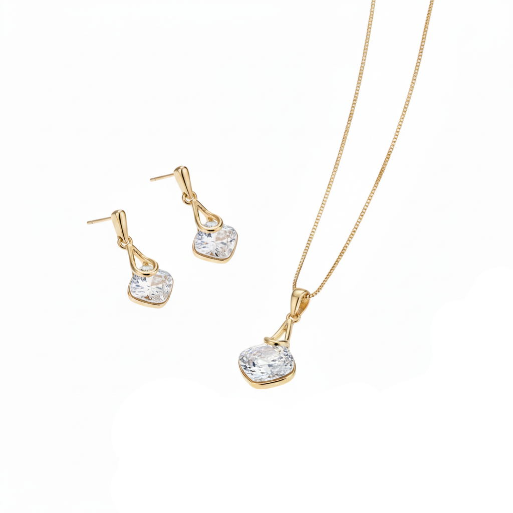 Aurelis Goldfarbe Schmuckset Halskette & Ohrringe mit quadratischen Kristallen Damen