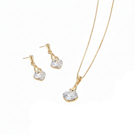 Aurelis Goldfarbe Schmuckset Halskette & Ohrringe mit quadratischen Kristallen Damen