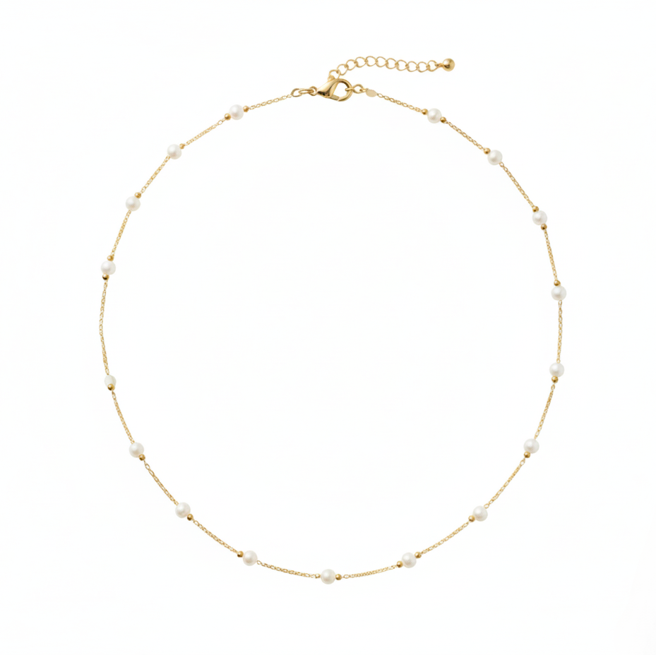 Aurelis Filigrane Perlen-Halskette – Zarter Perlen-Choker in Goldfarbe – Minimalistischer Damenmodeschmuck