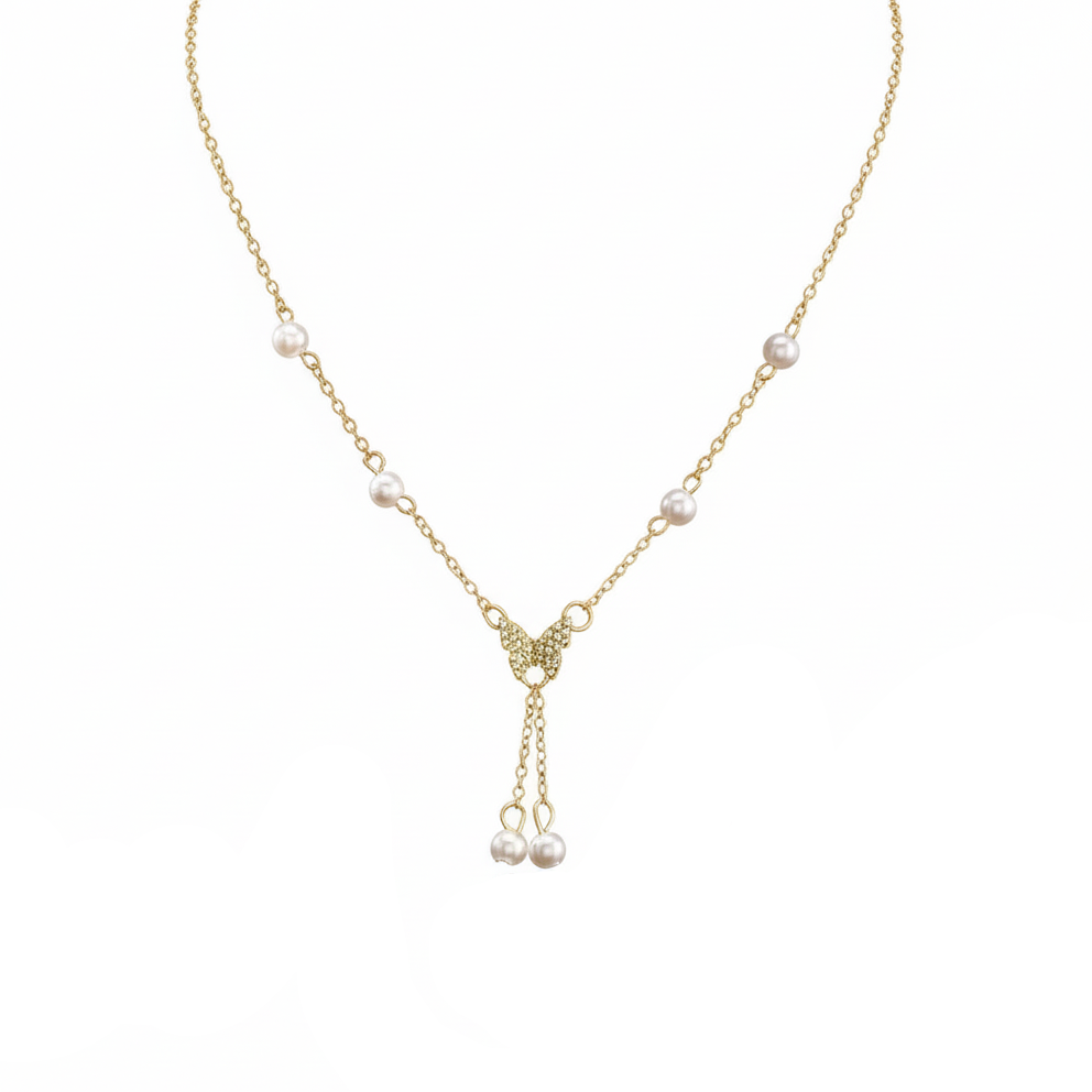 Aurelis Damen Y-Halskette Goldfarbe mit Schmetterling Anhänger Perlenoptik & Strass