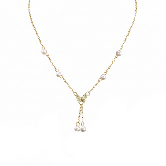 Aurelis Damen Y-Halskette Goldfarbe mit Schmetterling Anhänger Perlenoptik & Strass