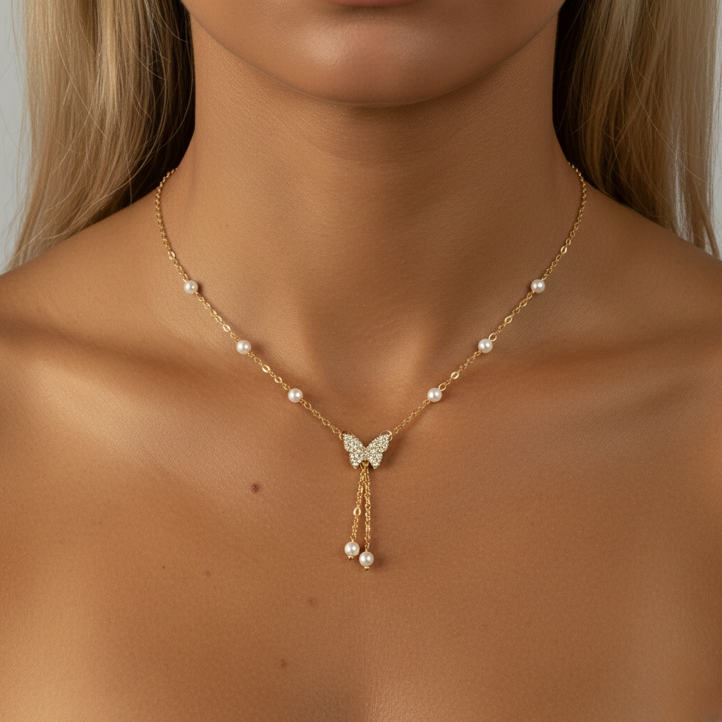 Aurelis Damen Y-Halskette Goldfarbe mit Schmetterling Anhänger Perlenoptik & Strass