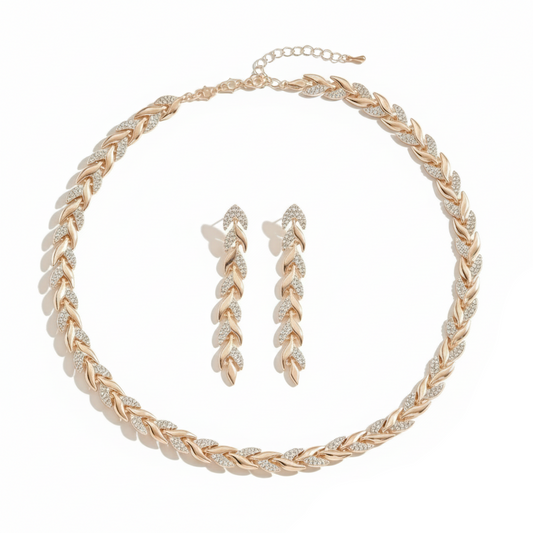 Elena | Elegant Schmuckset Blätter Goldfarben Zirkonia Halskette Ohrringe