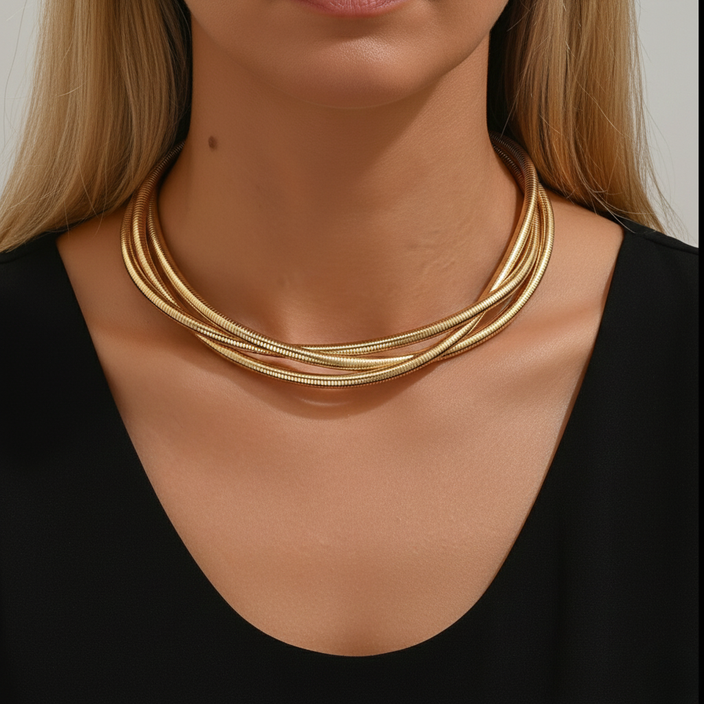 Aurelis Mehrreihige Schlangenkette Choker Halskette Goldfarbe Statement-Schmuck Damen Verstellbar