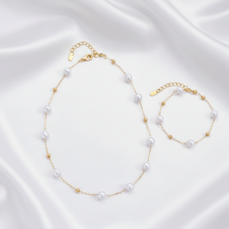 Aurelis Schmuckset Perlenkette & Armband – Elegante Perlen-Optik Goldfarbe für Damen