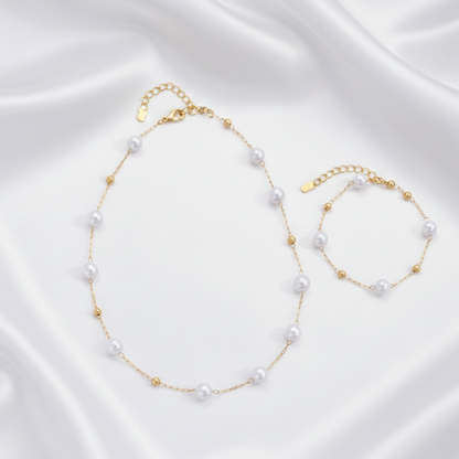 Aurelis Schmuckset Perlenkette & Armband – Elegante Perlen-Optik Goldfarbe für Damen