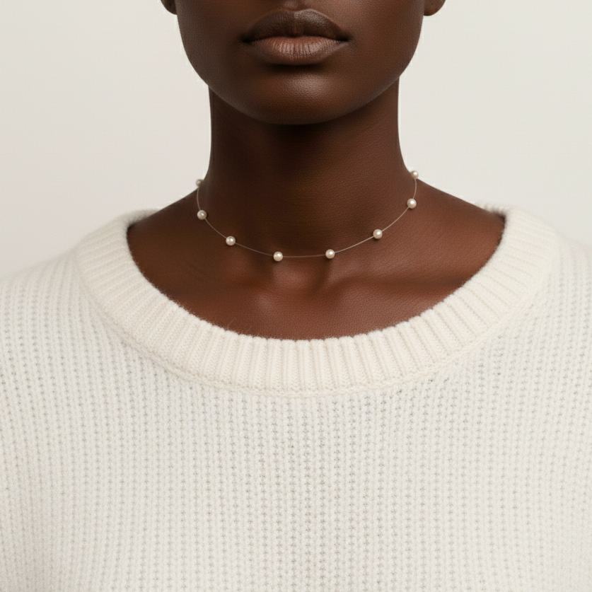 Aurelis Damen Halskette Unsichtbares Band Perlen-Optik Floating Pearl Weiß Choker