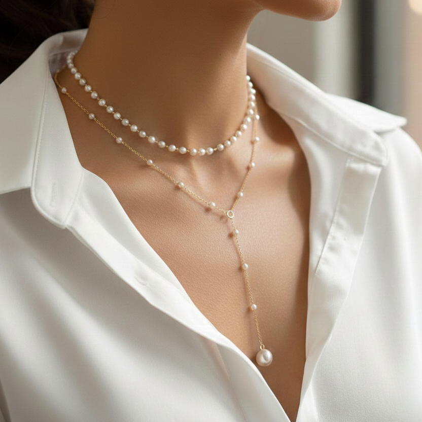 Goldfarbe Zweireihige Y-Halskette mit Perlen-Imitaten im Layering-Look für Damen