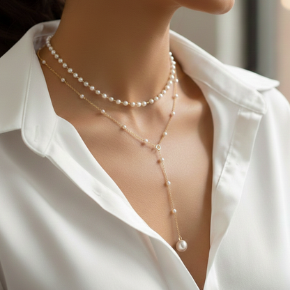 Goldfarbe Zweireihige Y-Halskette mit Perlen-Imitaten im Layering-Look für Damen