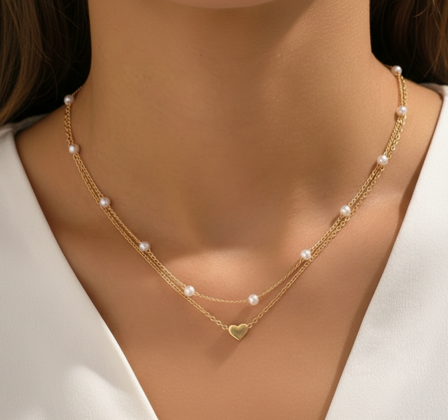 Aurelis 3-reihiges Layering-Halsketten Set – Herzanhänger & Perlen-Optik – Goldfarbe – Damen Herz-Halskette
