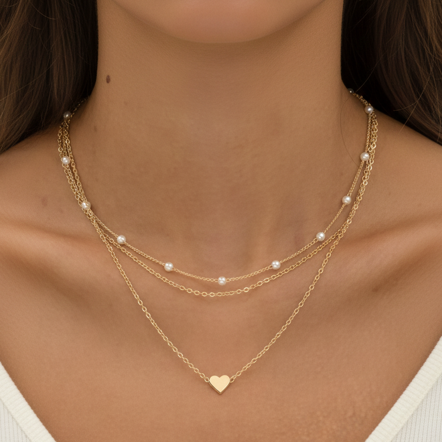Aurelis 3-reihiges Layering-Halsketten Set – Herzanhänger & Perlen-Optik – Goldfarbe – Damen Herz-Halskette