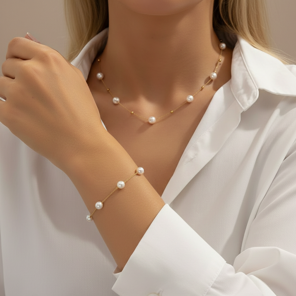 Aurelis Schmuckset Perlenkette & Armband – Elegante Perlen-Optik Goldfarbe für Damen