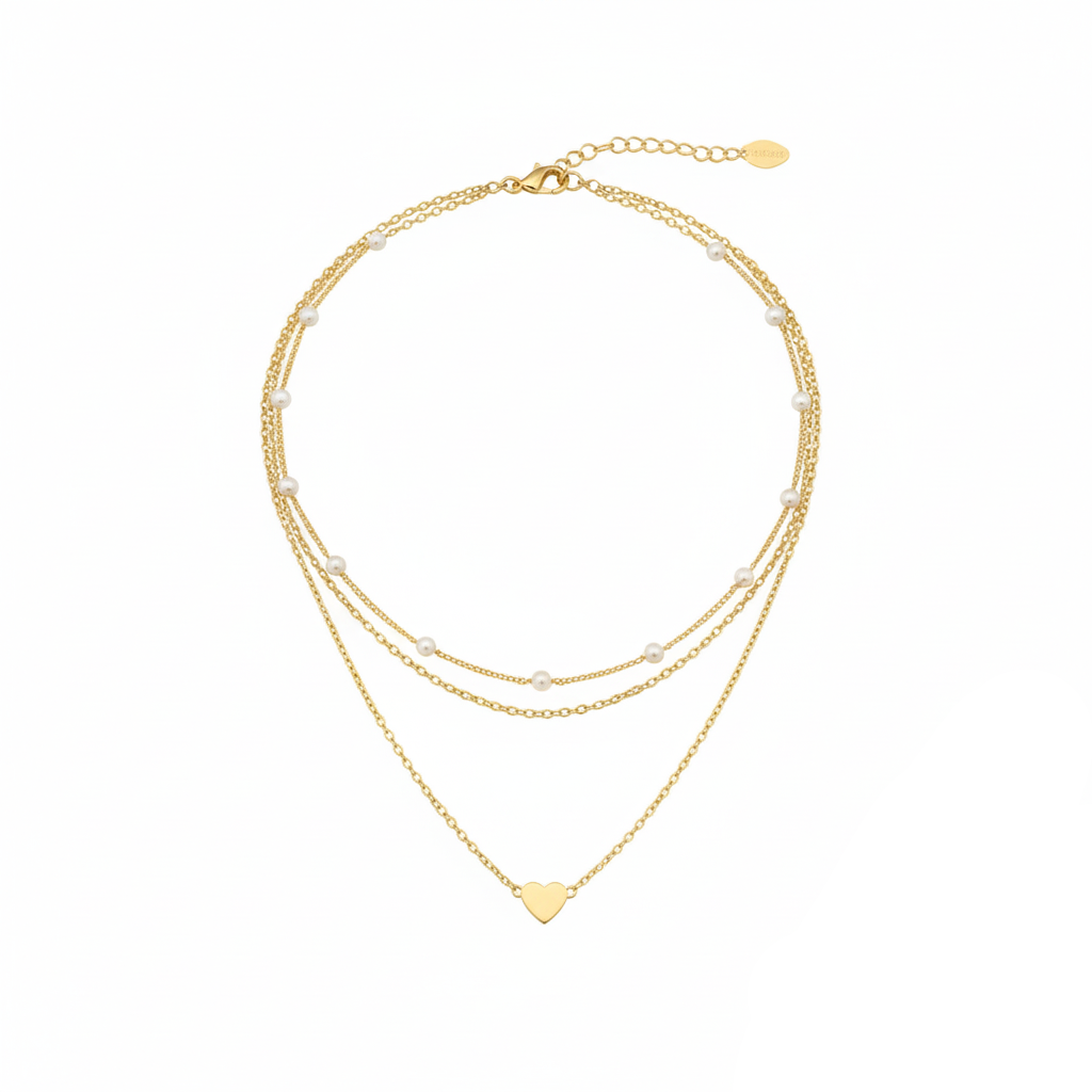 Aurelis 3-reihiges Layering-Halsketten Set – Herzanhänger & Perlen-Optik – Goldfarbe – Damen Herz-Halskette