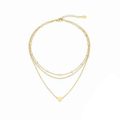 Aurelis 3-reihiges Layering-Halsketten Set – Herzanhänger & Perlen-Optik – Goldfarbe – Damen Herz-Halskette