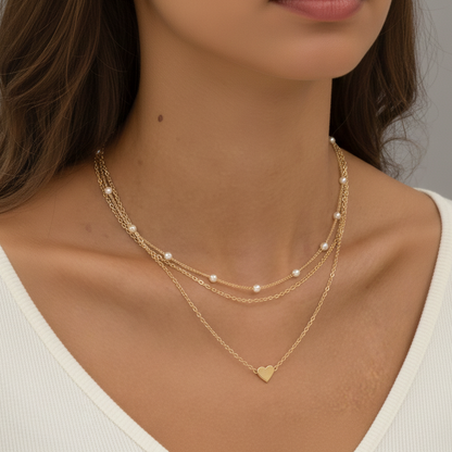Aurelis 3-reihiges Layering-Halsketten Set – Herzanhänger & Perlen-Optik – Goldfarbe – Damen Herz-Halskette