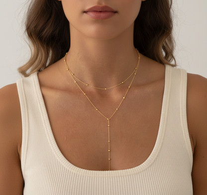 Aurelis Damen Halskette Y-Form zweireihig Goldfarb Boho Layering Kügelchen 35cm