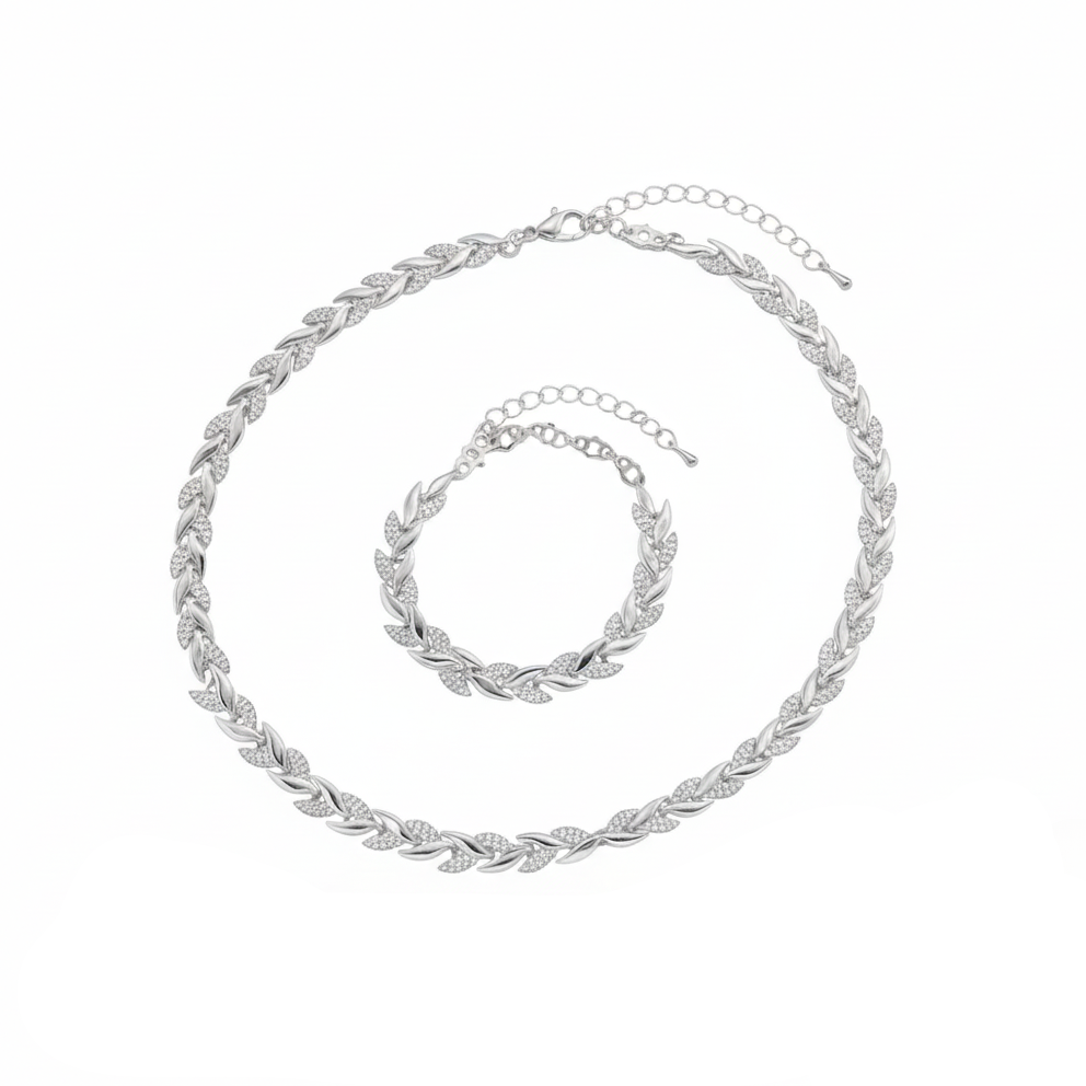 Aurelis Schmuckset Halskette & Armband Blatt-Design mit Strass Besatz Damen Set