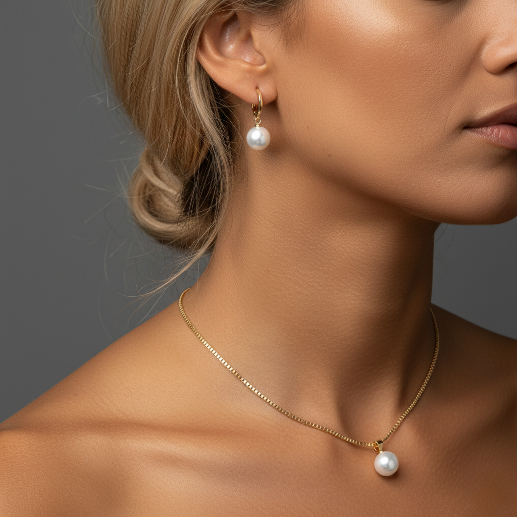 Goldfarbe Schmuckset Halskette & Ohrringe mit Perlen-Optik Klassisch Damen