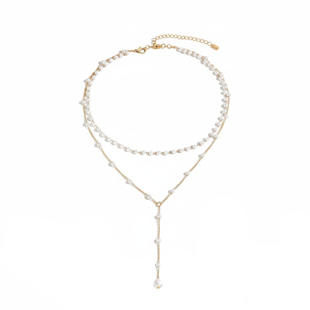 Goldfarbe Zweireihige Y-Halskette mit Perlen-Imitaten im Layering-Look für Damen