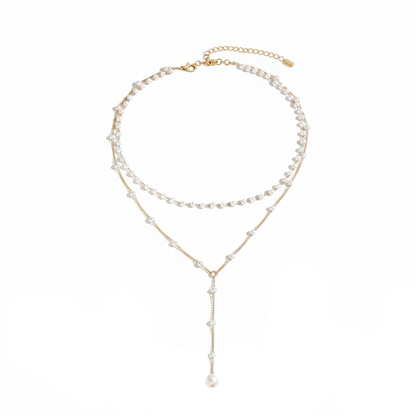 Goldfarbe Zweireihige Y-Halskette mit Perlen-Imitaten im Layering-Look für Damen