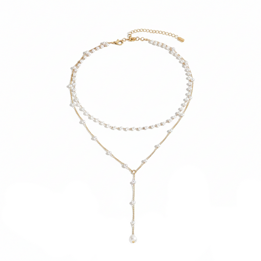 Goldfarbe Zweireihige Y-Halskette mit Perlen-Imitaten im Layering-Look für Damen