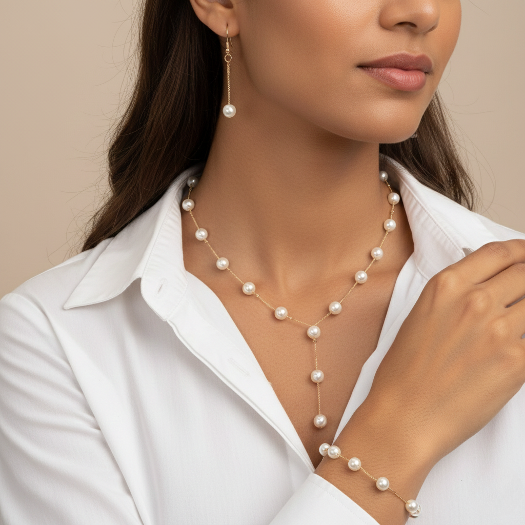 Aurelis 4-tlg. Damen Schmuckset Goldfarbe Perlen Y-Halskette Armband & Ohrringe