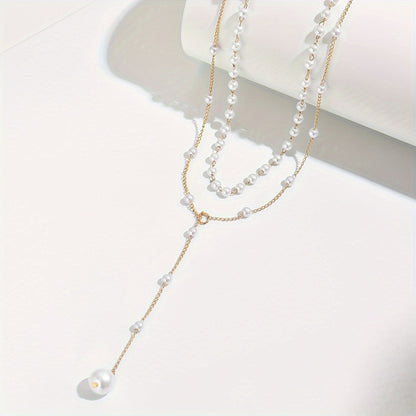 Goldfarbe Zweireihige Y-Halskette mit Perlen-Imitaten im Layering-Look für Damen