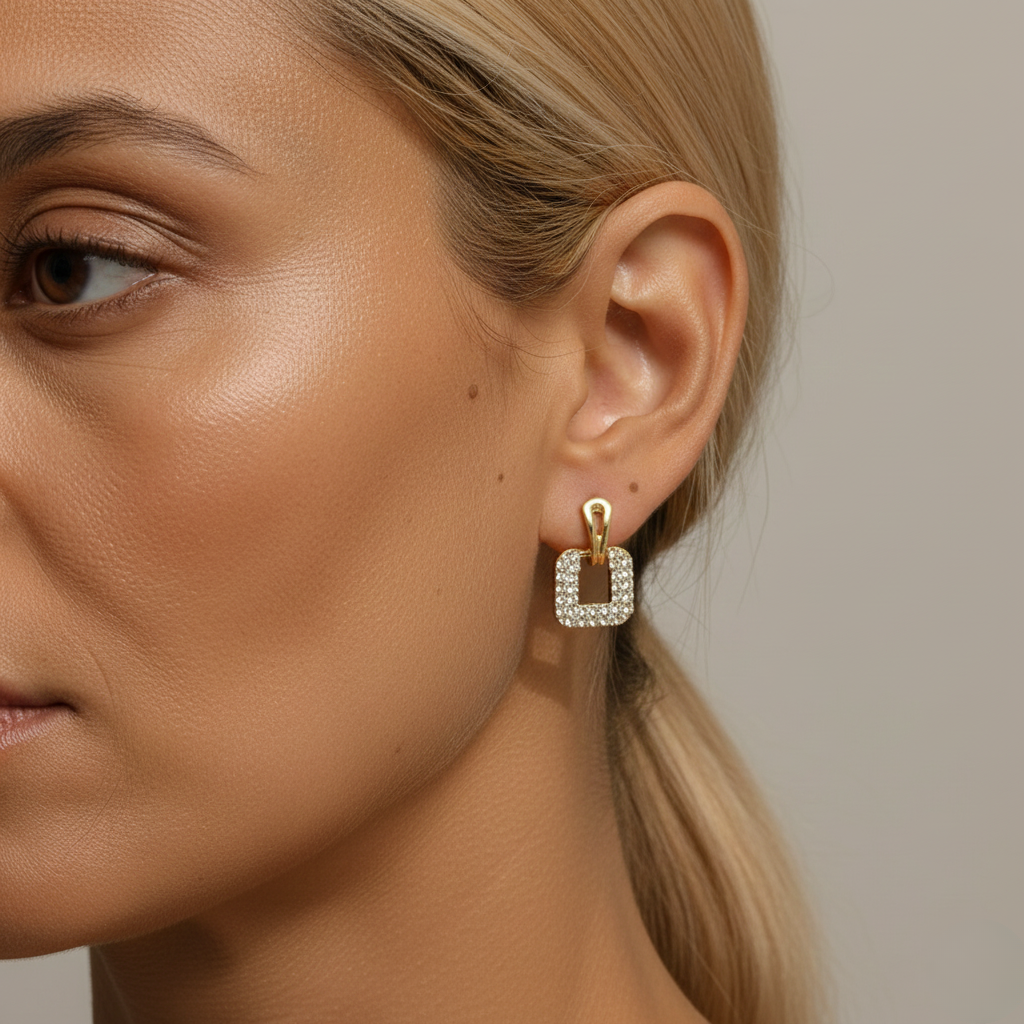 Goldfarbe Ohrringe quadratisch Geometrische Glieder-Optik mit Strass Damen