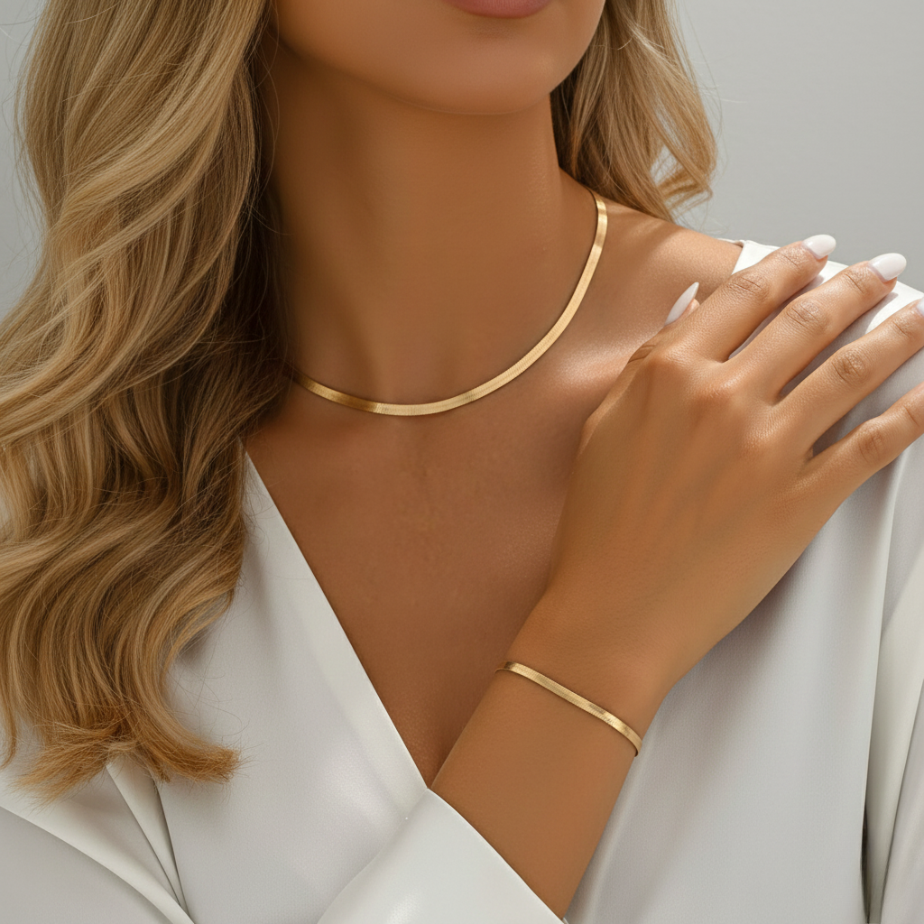 Aurelis Herringbone Schmuckset Goldfarbe Flache Schlangenkette & Armband Damen Minimalistisches Design