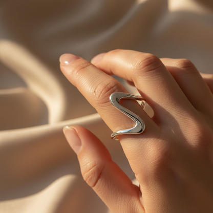 Wellen-Ring Edelstahl Goldfarbe Organisches Wave-Design Verstellbar Offener Ring Damen