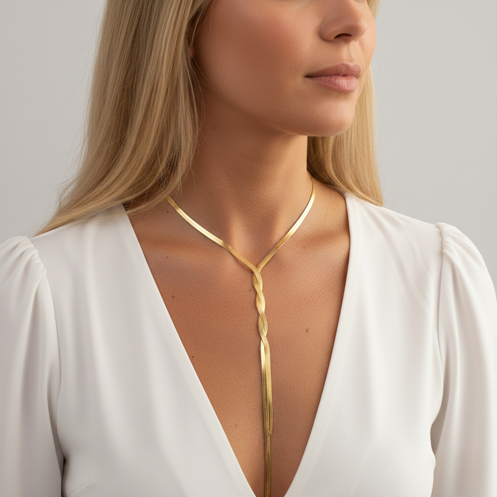Aurelis Damen Y-Halskette flache Schlangenkette Goldfarbe Lariat-Design Elegant