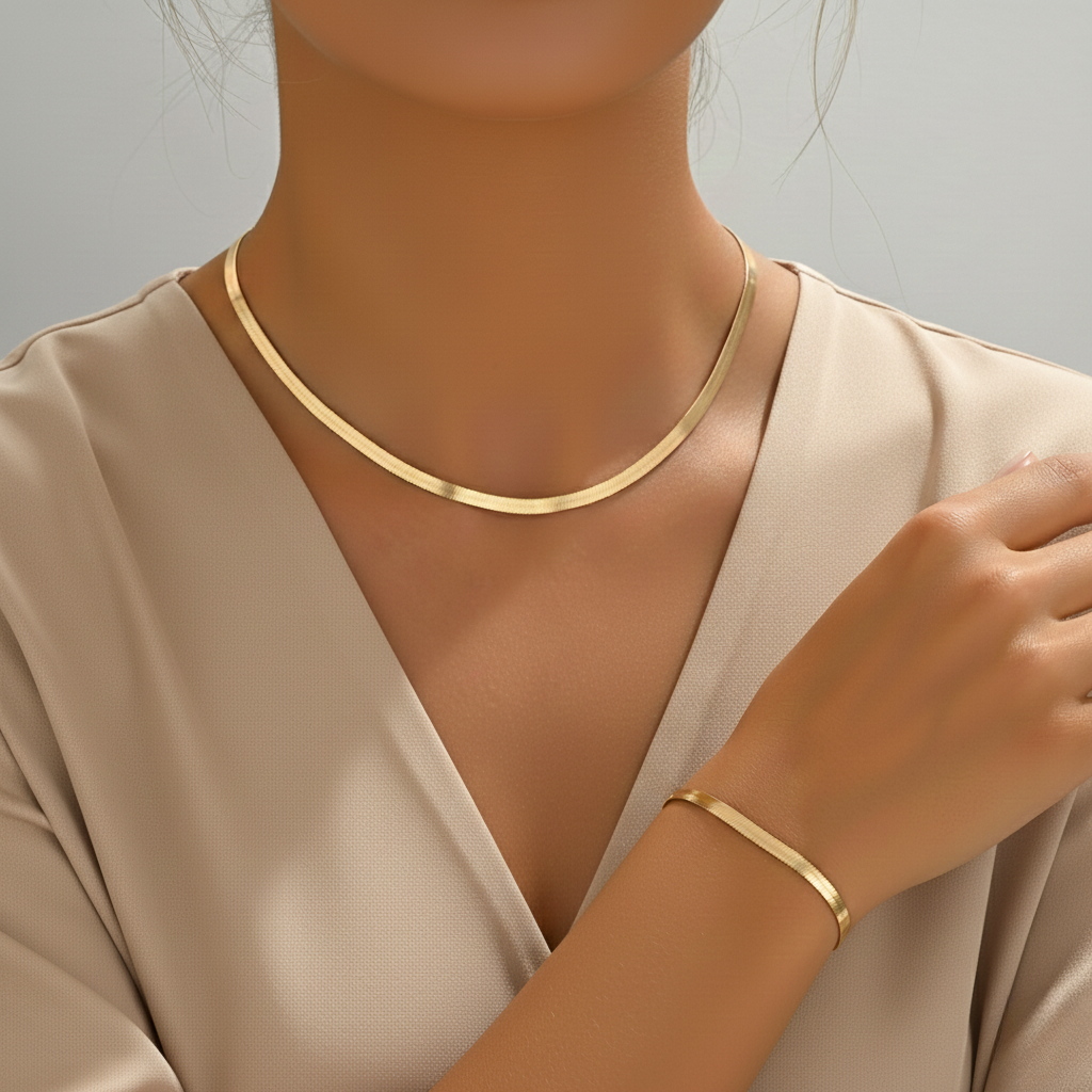 Aurelis Herringbone Schmuckset Goldfarbe Flache Schlangenkette & Armband Damen Minimalistisches Design